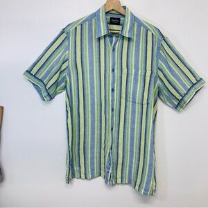 Indigo Palms Linen Shirt Men Medium  Striped Short Sleeve Vacation‎ Resortwear